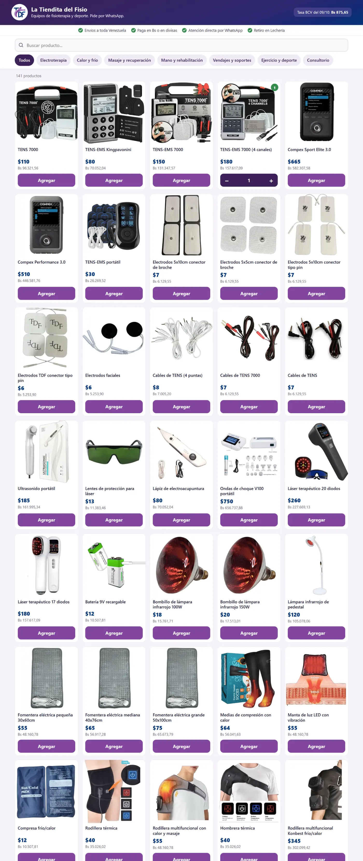 Recorrido por La Tiendita del Fisio: buscador, categorías y productos con precio en dos monedas